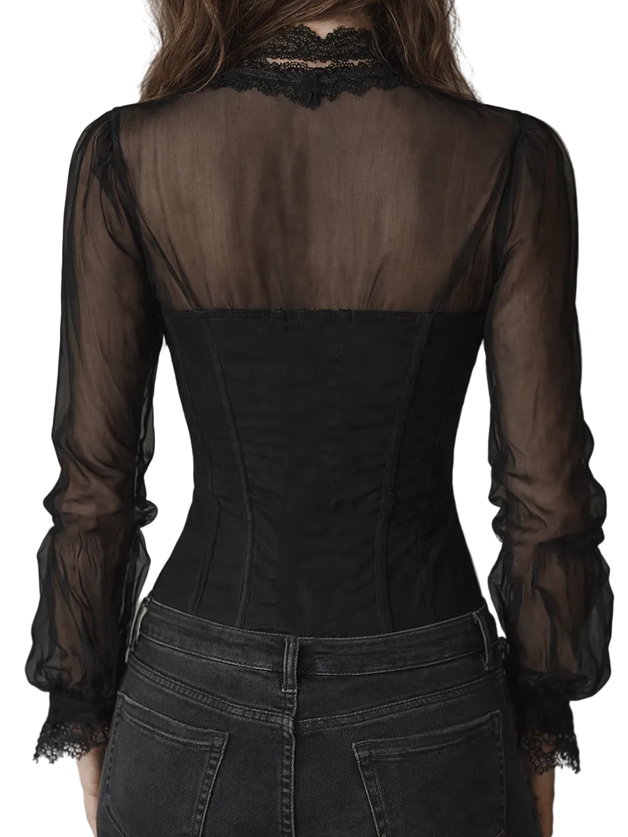 Shelly | Vintage Chic Μαύρη Διάφανη Κορσέ Μπλούζα με Δαντέλα (Vintage Chic Black Sheer Lace Corset Blouse)
