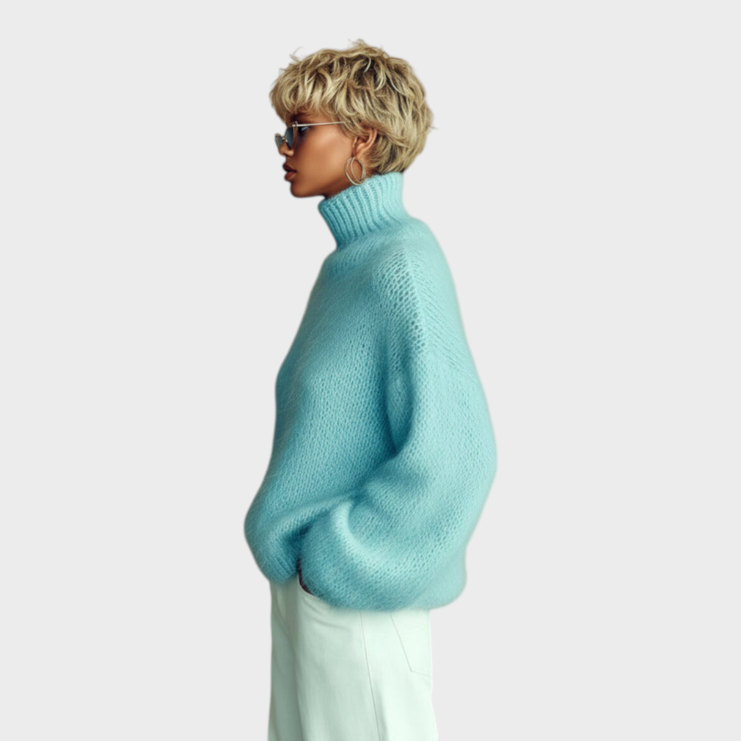 Marjorie | ElevenOra Chic Vintage Μπλε Μωρού Τζιν Πουλόβερ με Ψηλό Λαιμό και Υφή