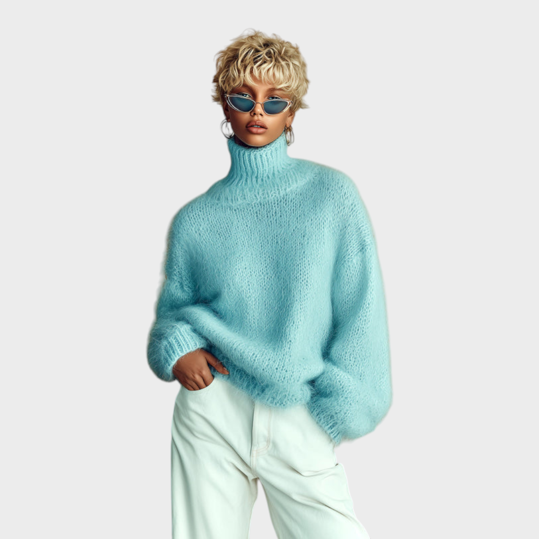 Marjorie | ElevenOra Chic Vintage Μπλε Μωρού Τζιν Πουλόβερ με Ψηλό Λαιμό και Υφή