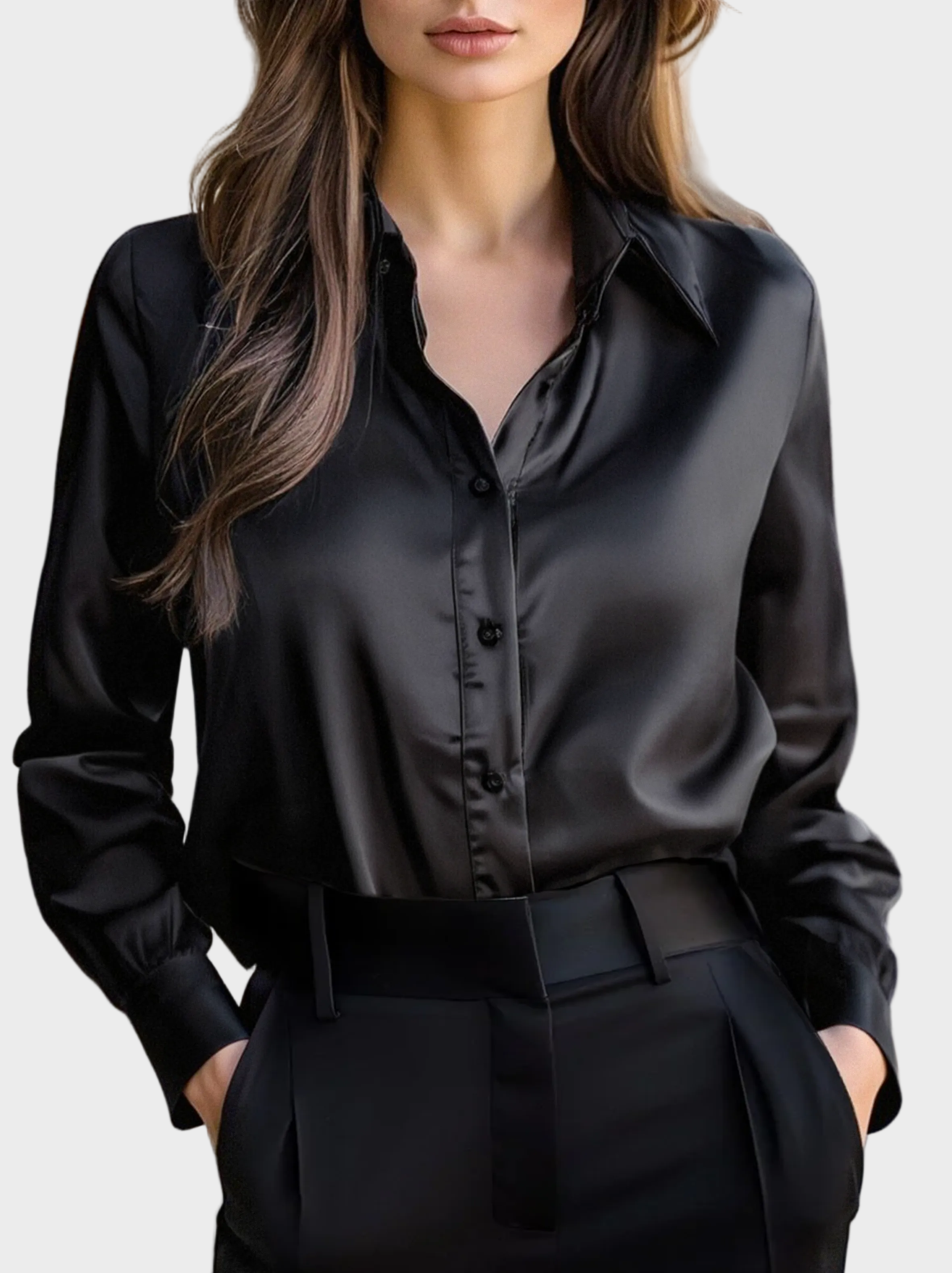 Elena - Κομψή Μαύρη Σατέν Μακρυμάνικη Μπλούζα (Elegant Black Satin Long Sleeves Blouse)