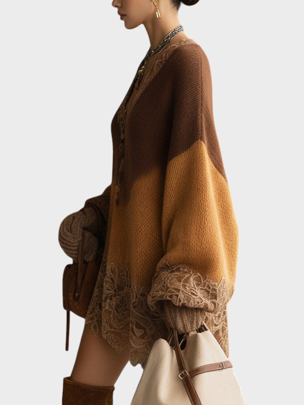 Mille | Καφέ Ombre Πλεκτό Δαντελένιο Oversized Φόρεμα Μίνι Με Μακριά Μανίκια