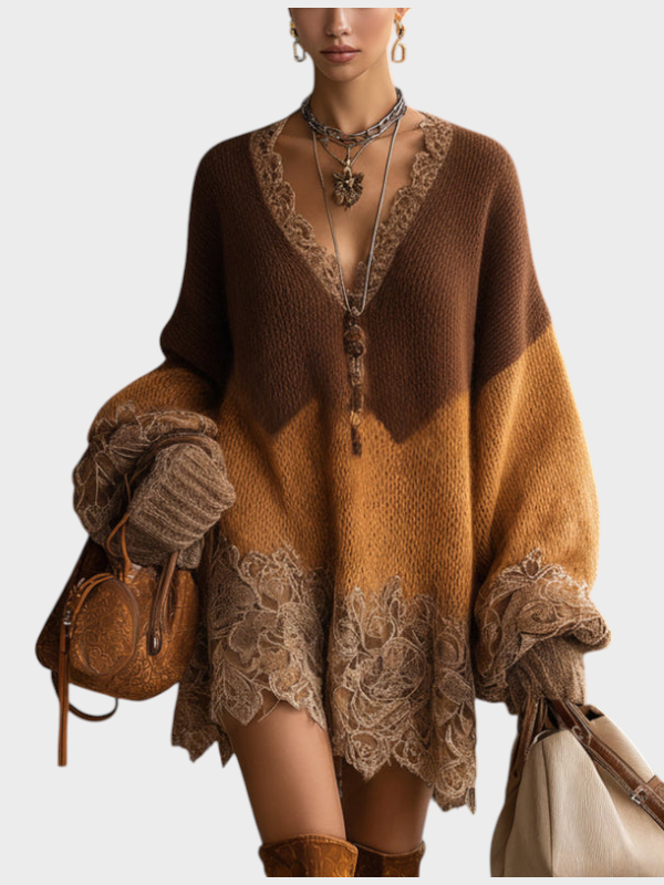 Mille | Καφέ Ombre Πλεκτό Δαντελένιο Oversized Φόρεμα Μίνι Με Μακριά Μανίκια
