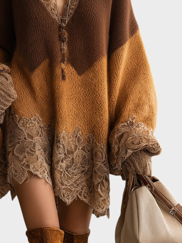 Mille | Καφέ Ombre Πλεκτό Δαντελένιο Oversized Φόρεμα Μίνι Με Μακριά Μανίκια