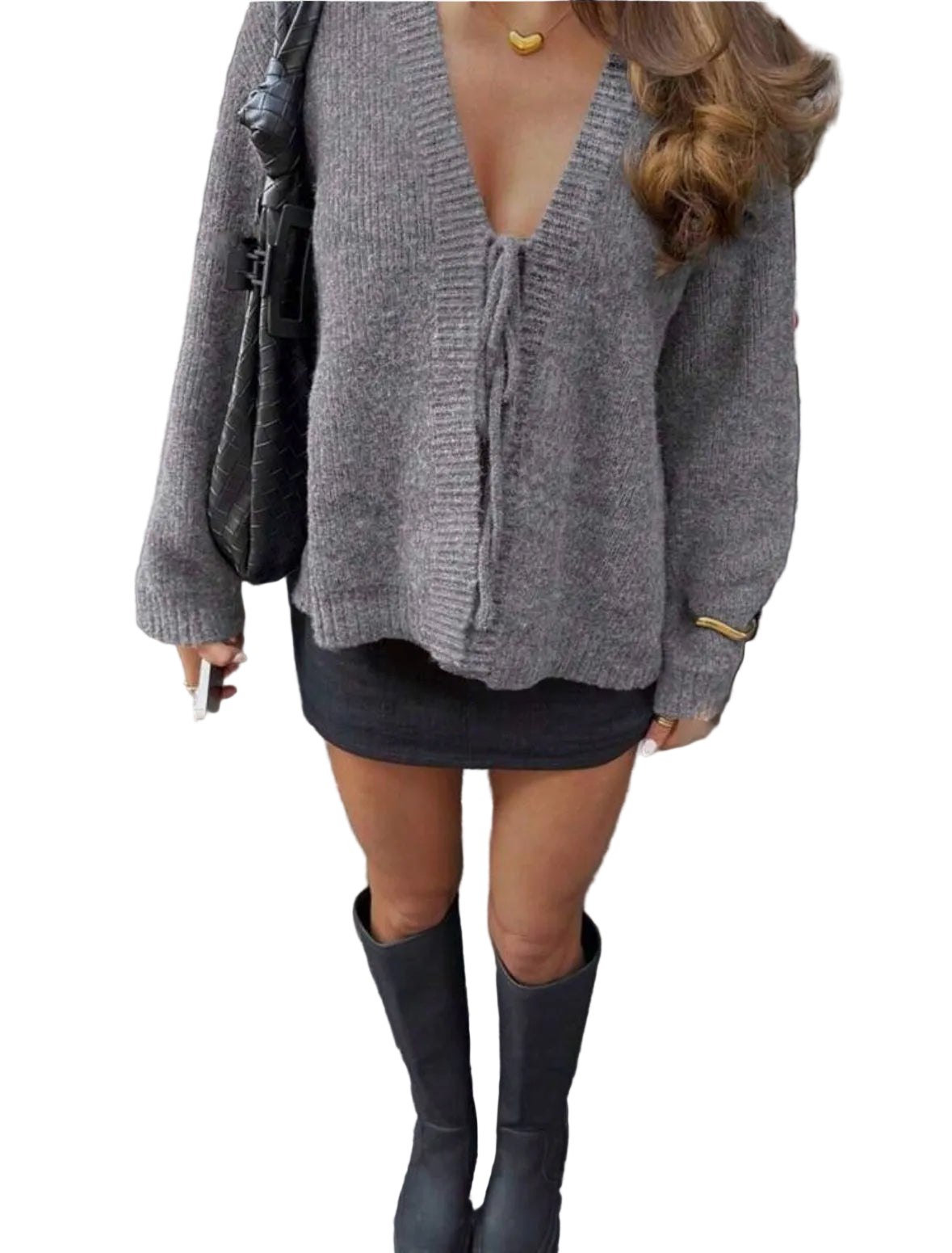 Alexa | Γκρι Άνετο Πλεκτό με Δέσιμο Μπροστά (Cozy Grey Tie-Front Knit Sweater)