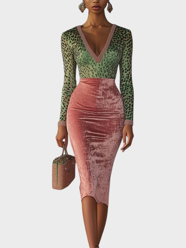 Regitze | Ροζ Βελούδινο Bodycon Φόρεμα Με Patchwork Ιμάντες Και Λεοπάρ Πατρόν
