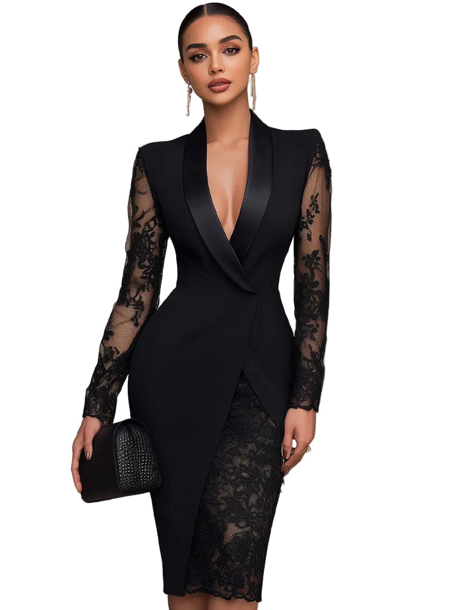 Camila - Εκλεπτυσμένο Μαύρο Midi Φόρεμα σε Στυλ Blazer με Δαντέλα (Sophisticated Black Blazer-Style Lace Midi Dress)