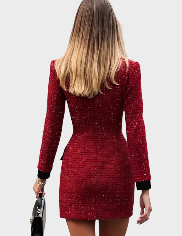 Cynthia | Κόκκινο Φόρεμα Tweed με Μαύρες Λεπτομέρειες