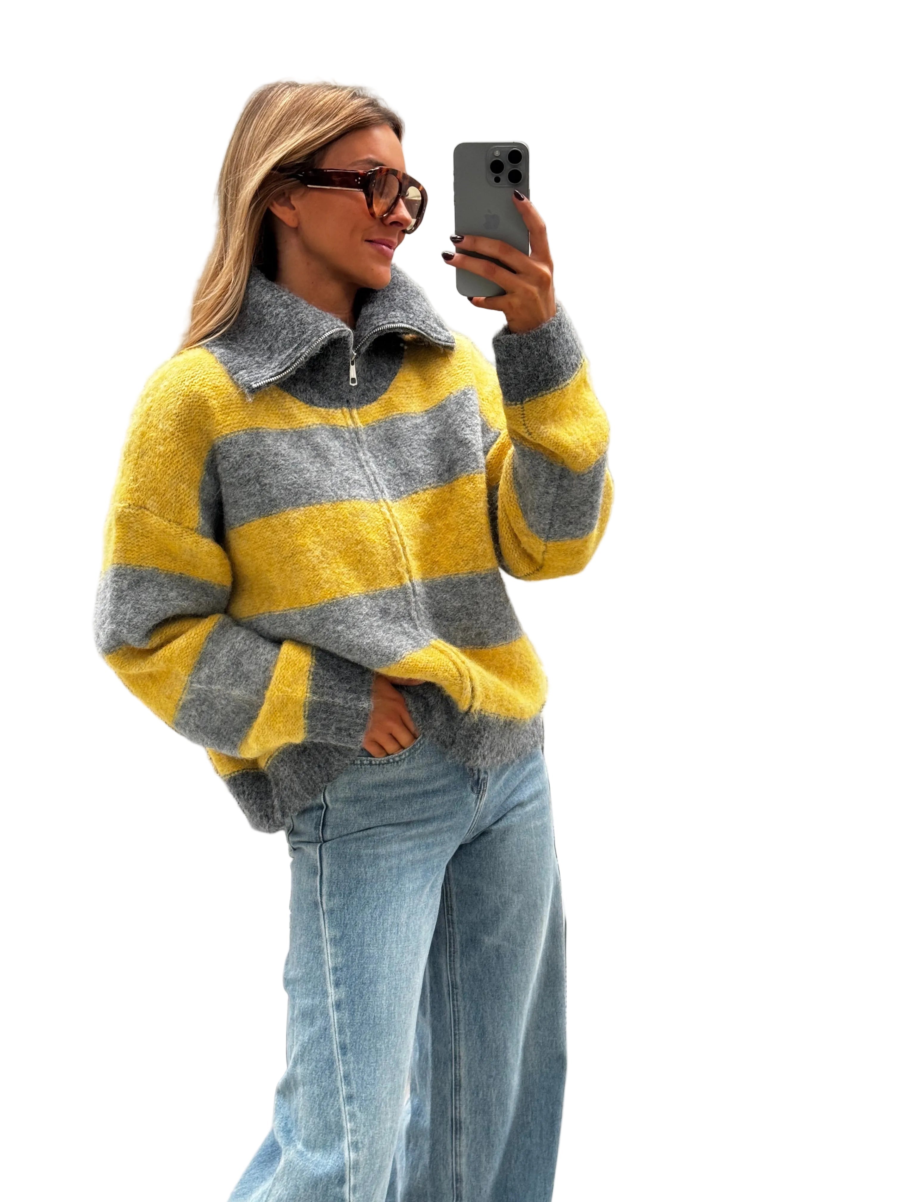 Luciana - Γκρι και Κίτρινη Ζακέτα Mayfair (Grey and Yellow Mayfair Cardigan)
