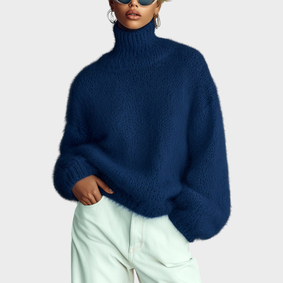 Marjorie | ElevenOra Chic Vintage Μπλε Μωρού Τζιν Πουλόβερ με Ψηλό Λαιμό και Υφή