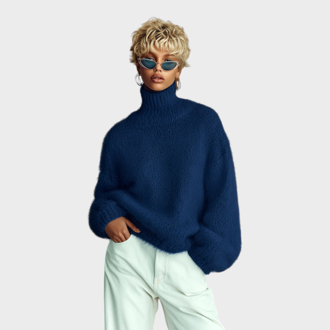 Marjorie | ElevenOra Chic Vintage Μπλε Μωρού Τζιν Πουλόβερ με Ψηλό Λαιμό και Υφή