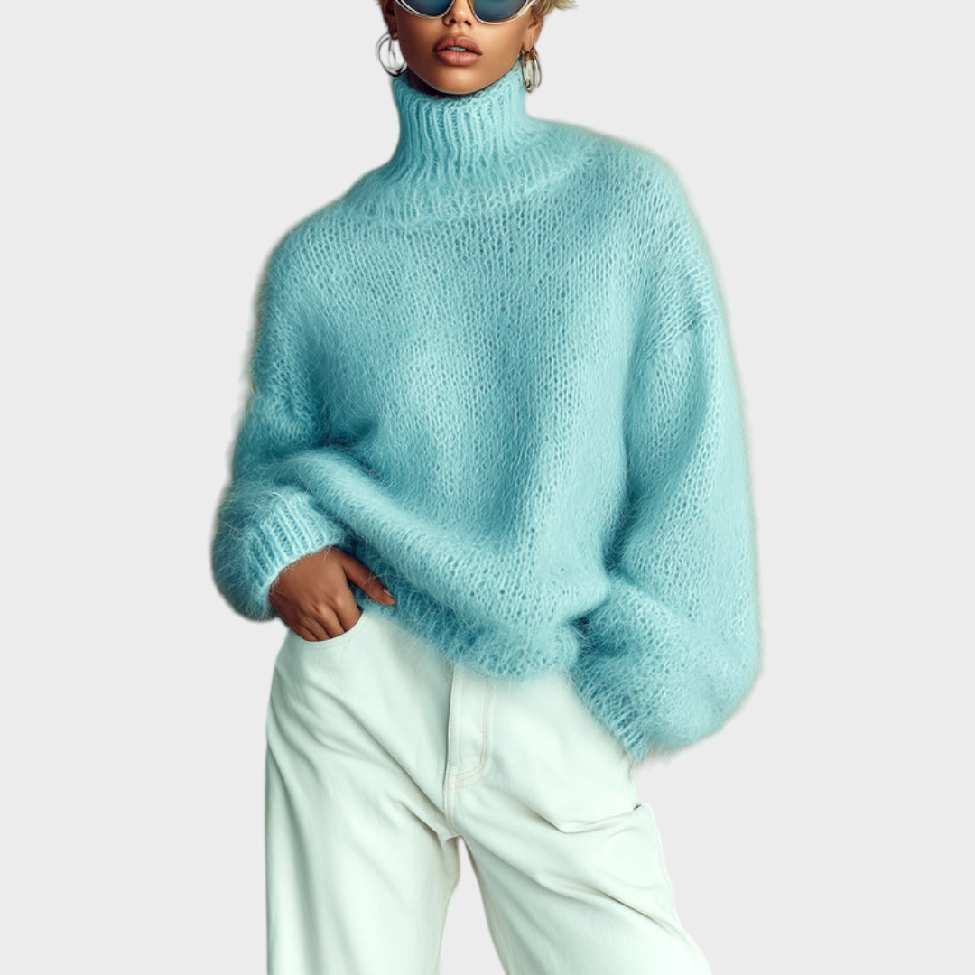 Marjorie | ElevenOra Chic Vintage Μπλε Μωρού Τζιν Πουλόβερ με Ψηλό Λαιμό και Υφή