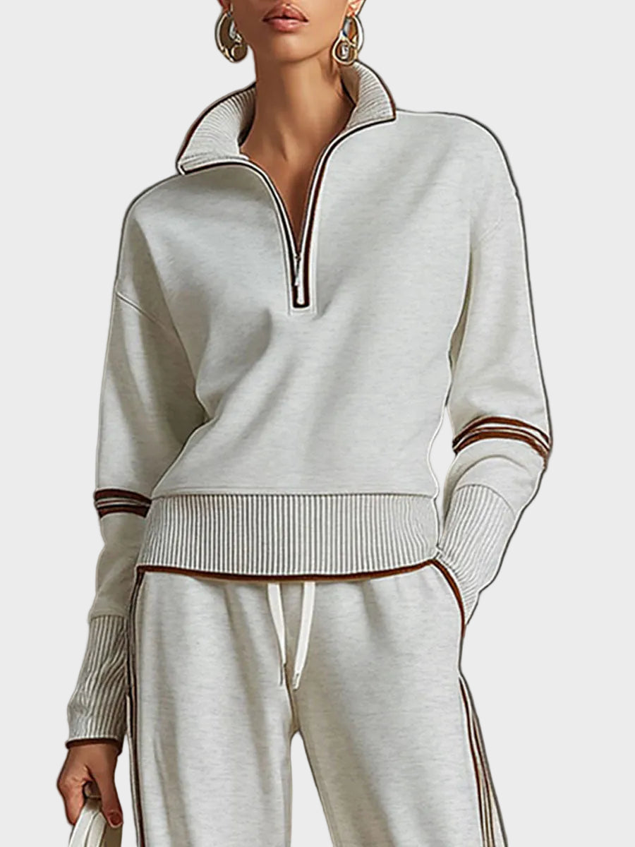 Cayla | Σετ Ρετρό Αθλητικό Φούτερ με Μισό Φερμουάρ και Φαρδύ Παντελόνι με Γκρι-Λευκή Φάσα