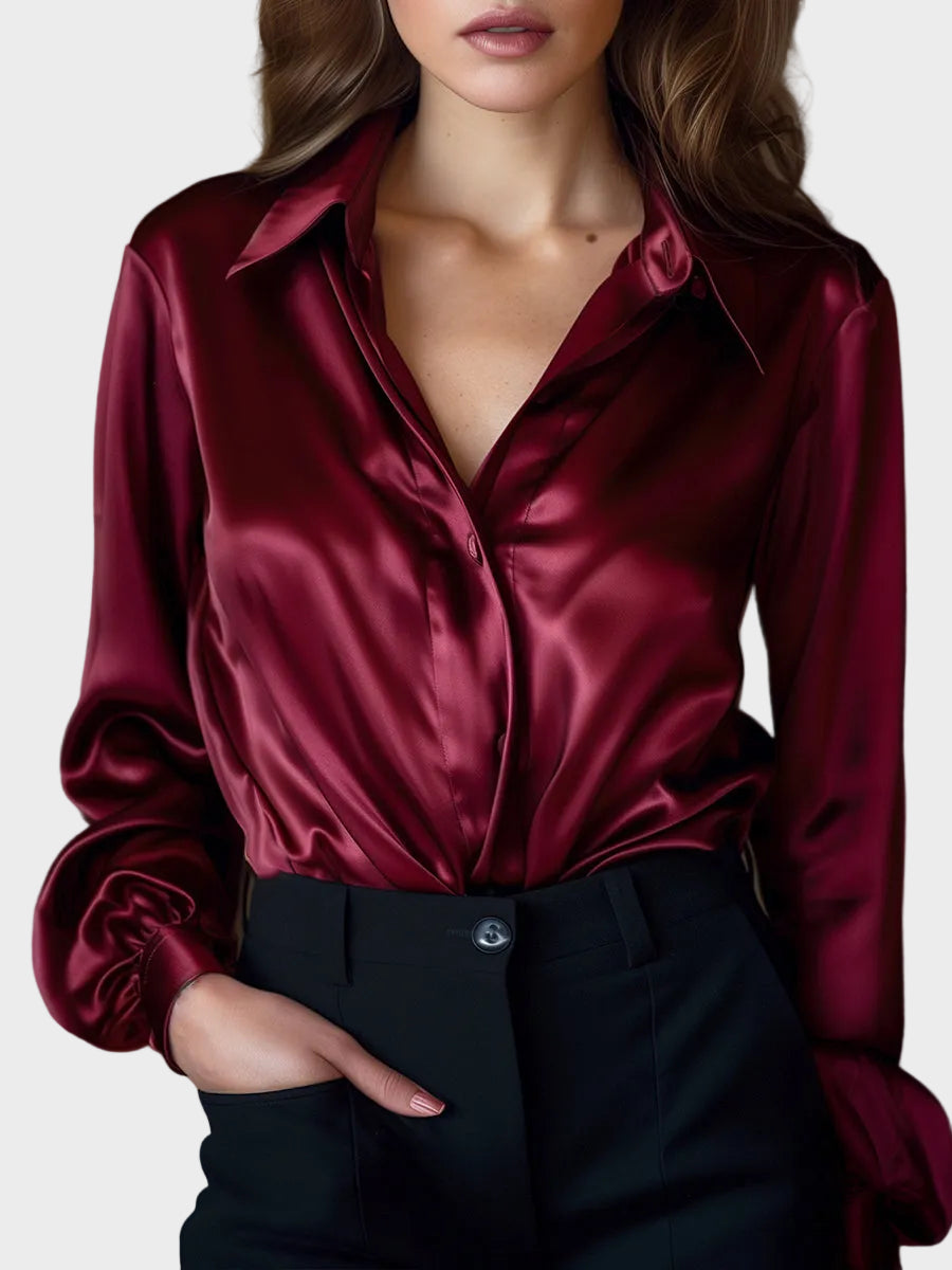 Elena - Κομψή Μαύρη Σατέν Μακρυμάνικη Μπλούζα (Elegant Black Satin Long Sleeves Blouse)