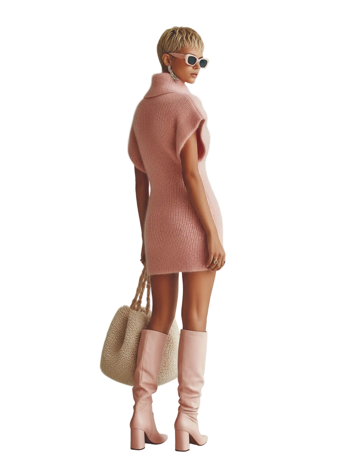 Sofie | Vintage Pink Εφαρμοστό Μίνι Πλεκτό Φόρεμα με Χνουδωτή Υφή, Γιακά, Κουμπιά και Κοντό Μανίκι (Vintage Pink Turn-Down Collar Button-Front Short-Sleeve Fitted Fuzzy Knit Mini Dress)