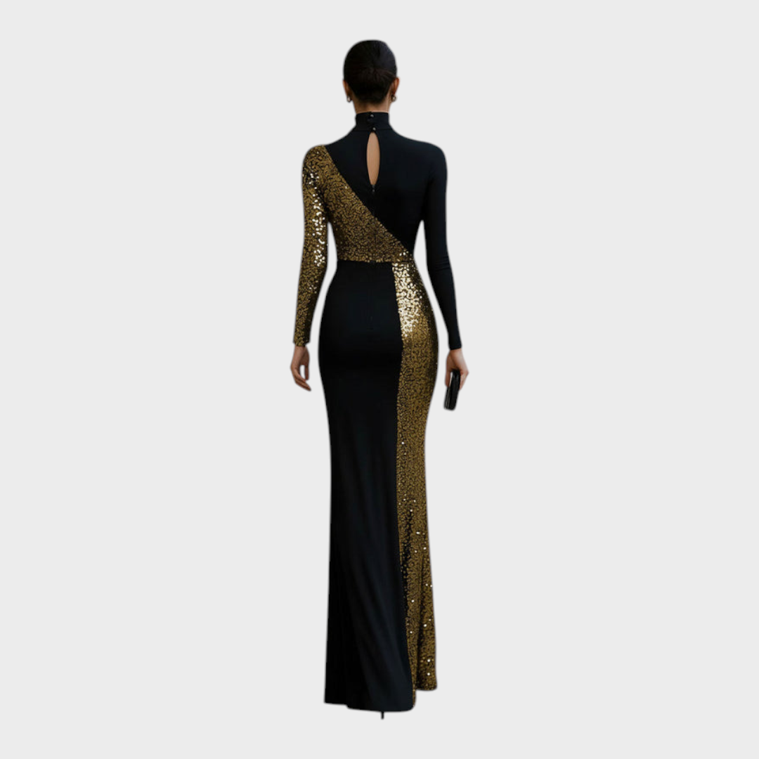 Jemaica | Κομψό Μαύρο Και Χρυσό Φόρεμα Maxi Με Στρας Και Υψηλό Λαιμό