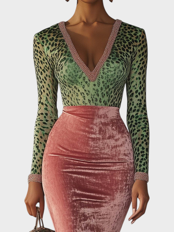 Regitze | Ροζ Βελούδινο Bodycon Φόρεμα Με Patchwork Ιμάντες Και Λεοπάρ Πατρόν