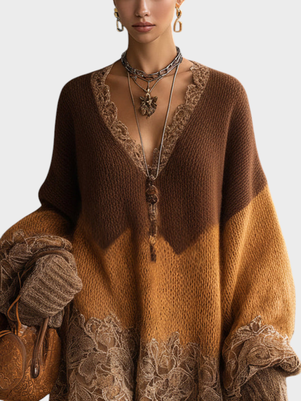 Mille | Καφέ Ombre Πλεκτό Δαντελένιο Oversized Φόρεμα Μίνι Με Μακριά Μανίκια