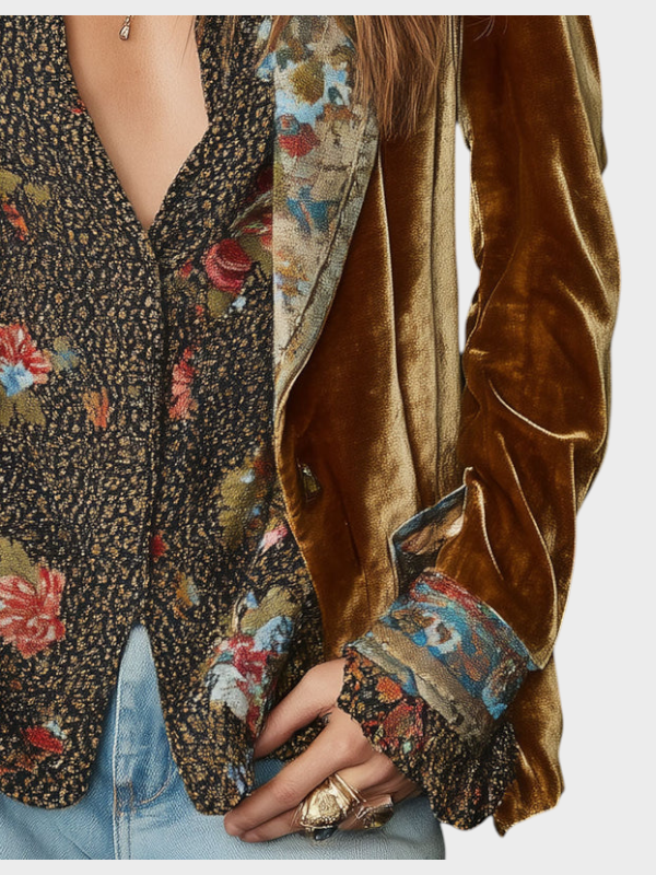 Kerstin | Vintage Λαβή Πολυεστέρας Βελούδινη Floral Εκτύπωση Πάτσαρ Μπλέιζερ