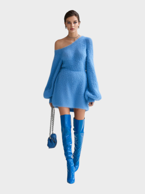Lucy | ElevenOra Chic Elegant Μπλε Μίνι Φόρεμα Με Έναν Ώμο Μακρύ Φουσκωτό Μανίκι A-Line