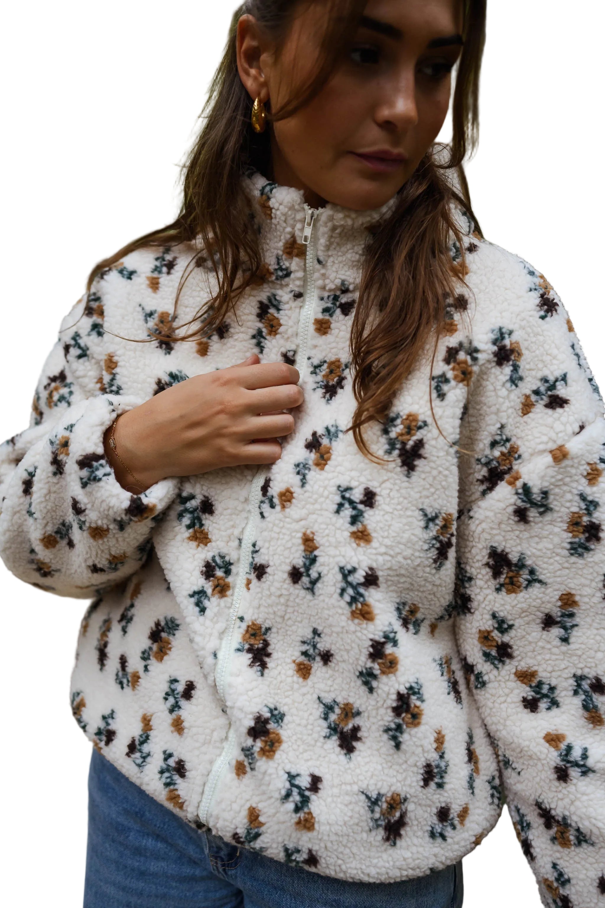 Ecru - Φλοράλ Ζακέτα Fleece Alice (Floral Alice Fleece Jacket)